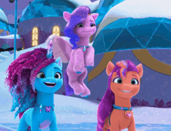 Size: 1410x1080 | Tagged: safe, screencap, misty brightdawn, pipp petals, sunny starscout, earth pony, pegasus, pony, unicorn, g5, my little pony: make your mark, my little pony: make your mark chapter 6, secrets of starlight, spoiler:g5, spoiler:my little pony: make your mark, spoiler:my little pony: make your mark chapter 6, spoiler:mymc06e04, adorapipp, animated, bag, cute, eyeshadow, flip, flying, gif, heart, hoof polish, hoofbump, jewelry, makeup, necklace, rebirth misty, ruby, saddle bag, snow, sparkly hooves, sparkly mane, sparkly tail, tail