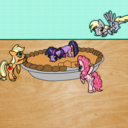 Size: 1000x1000 | Tagged: safe, artist:scandianon, applejack, derpy hooves, pinkie pie, twilight sparkle, earth pony, pegasus, pony, unicorn, g4, female, food, herbivore, hoers, horses doing horse things, mare, ponies in food, pumpkin pie, rectangular pupil, tiny, tiny ponies, unicorn twilight, whiskers