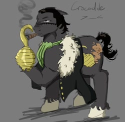 Size: 824x807 | Tagged: safe, artist:flutterisshyy, earth pony, pony, anime, cigar, clothes, coat, gray background, male, one piece, ponified, simple background, sir crocodile, smoking, solo
