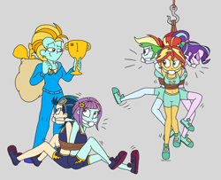 Size: 3298x2682 | Tagged: safe, artist:bugssonicx, indigo zap, lightning dust, rainbow dash, starlight glimmer, sunny flare, sunset shimmer, human, equestria girls, g4, bondage, bound and gagged, bound together, cloth gag, emanata, equestria girls-ified, gag, gray background, high res, simple background, stealing, tied up, trophy