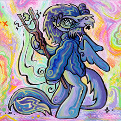 Size: 2000x2000 | Tagged: safe, artist:larvaecandy, oc, oc only, oc:vylet, pegasus, pony, no matter what, vylet pony, bipedal, clothes, high res, looking at you, psychedelic, solo, staff, staff of sameness