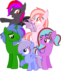 Size: 9493x10915 | Tagged: safe, artist:melodismol, oc, oc only, oc:alum orchid, oc:omega(phosphorshy), oc:star beats, oc:stormy decibels, oc:strawberry gleam, bat pony, pegasus, pony, unicorn, 2024 community collab, derpibooru community collaboration, g4, absurd resolution, fangs, female, filly, flying, foal, folded wings, group, hairclip, horn, looking at each other, looking at someone, open mouth, simple background, smiling, spread wings, transparent background, vector, wings