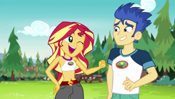 Size: 1280x720 | Tagged: safe, edit, edited screencap, screencap, flash sentry, sunset shimmer, human, equestria girls, g4, my little pony equestria girls: legend of everfree, belly button, camp everfree, camp everfree outfits, clothes edit, female, male, midriff, one eye closed, pine tree, punch, ship:flashimmer, shipping, sleeveless, straight, tree, wink