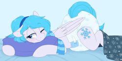 Size: 2000x1007 | Tagged: safe, artist:shuphle, oc, oc only, oc:snow wing, oc:snow-wing, pony, bed, bedroom, blanket, blue bed, blue blanket, clothes, covers, diaper, diaper fetish, diapered, female, fetish, impossibly large diaper, mare, non-baby in diaper, pillow, poofy diaper, scarf, solo, striped scarf, winter