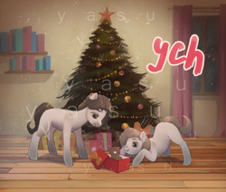 Size: 3000x2548 | Tagged: safe, artist:yasu, oc, alicorn, earth pony, pegasus, pony, unicorn, auction, auction open, christmas, christmas lights, christmas star, christmas tree, commission, duo, female, happy new year, high res, holiday, male, present, room, smiling, softcore, tree, your character here