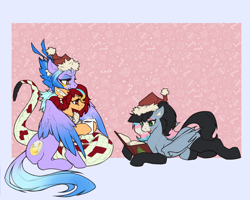Size: 2500x2000 | Tagged: safe, artist:nsilverdraws, oc, oc:anya heartsqueeze, oc:empyrea, oc:starskipper, bat pony, lamia, original species, pegasus, bat pony oc, bat wings, book, chest fluff, chocolate, christmas, clothes, feathered wings, food, hat, high res, holiday, hot chocolate, jewelry, necklace, pegasus oc, reading, santa hat, scales, simple background, socks, spread wings, wings