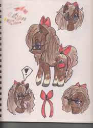 Size: 900x1236 | Tagged: safe, artist:razzle-the-dazzle, oc, oc only, oc:moca coco, earth pony, pony, 2012, appaloosa, bow, bust, closed mouth, coat markings, colored hooves, ears back, exclamation point, female, freckles, frown, glasses, hair bow, mare, open mouth, portrait, purple eyes, shocked, side view, simple background, smiling, socks (coat markings), speech bubble, tail, tail bow, traditional art, unshorn fetlocks, white background