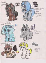 Size: 900x1236 | Tagged: safe, artist:razzle-the-dazzle, oc, oc only, oc:divine fable, oc:strong hold, oc:sweet carmen, oc:techno jack, oc:water lily, oc:zeruiah the eternal witch, earth pony, pegasus, pony, unicorn, 2012, blue eyes, brown eyes, closed mouth, clothes, dress, earth pony oc, eyeshadow, female, flower, flower in hair, gray eyes, group, headphones, headphones around neck, heterochromia, horn, lidded eyes, makeup, male, mare, pegasus oc, pigtails, raised hoof, red eyes, sextet, simple background, smiling, stallion, standing, traditional art, unicorn oc, white background