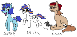 Size: 1084x515 | Tagged: safe, artist:matoimiia, oc, oc only, oc:clioaite, oc:ladysaffronvt, oc:matoimiia, oc:miioid, dragon, pony, 1000 hours in ms paint, beanie, female, hat, looking at you, ponified, simple background, sitting, standing, vtuber, white background