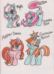 Size: 900x1236 | Tagged: safe, artist:razzle-the-dazzle, firecracker burst, minty (g4), pepperdance, sweetie blue, earth pony, pony, unicorn, g4, 2012, ^^, blush lines, blushing, closed mouth, cyan eyes, eyes closed, female, freckles, frown, glowing, glowing horn, green eyes, horn, lidded eyes, looking at you, mare, one eye closed, pigtails, raised hoof, simple background, smiling, stretching, traditional art, turned head, white background, wink, winking at you