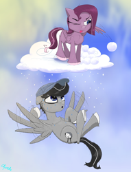 Size: 1500x1968 | Tagged: safe, alternate version, artist:chopsticks, oc, oc only, oc:chopsticks, oc:cookie cutter, pegasus, pony, derpibooru community collaboration, butt fluff, cheek fluff, chest fluff, cloud, duo, emanata, fanning self, father and child, father and daughter, female, filly, flying, foal, hat, male, on a cloud, one eye closed, open mouth, plewds, snow, snowball, snowfall, stallion, standing on a cloud, sweat, tongue out, unshorn fetlocks, wing hold, wings