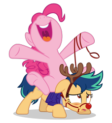 Size: 5000x5500 | Tagged: safe, artist:gypsykumquat, pinkie pie, oc, oc:fiery stamp, deer, earth pony, pony, reindeer, g4, .svg available, absurd resolution, animal costume, antlers, belly, blushing, canon x oc, christmas, costume, duo, duo female, face down ass up, female, headband, holiday, inkscape, leash, reindeer antlers, reindeer costume, riding, riding a pony, show accurate, simple background, smiling, submissive, svg, transparent background, vector
