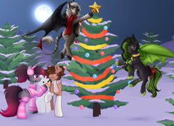 Size: 1778x1284 | Tagged: safe, artist:madelinne, artist:szkar, artist:vincent, oc, oc:anna, oc:devilvoice, oc:madelinne, oc:noctem dieva, bat pony, earth pony, bat pony oc, christmas, christmas tree, clothes, collaboration, earmuffs, earth pony oc, holiday, moon, scarf, socks, tree