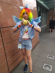 Size: 4608x3456 | Tagged: safe, artist:starlight_leane, fluttershy, rainbow dash, human, g4, clothes, comic fiesta, cosplay, costume, irl, irl human, photo, plushie