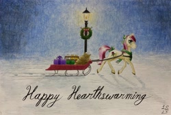 Size: 2048x1378 | Tagged: safe, artist:antnoob, artist:lightsolver, roseluck, earth pony, pony, g4, christmas card, female, hearth's warming, mare, night, sleigh, snow, solo, traditional art, watercolor painting, wreath