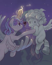 Size: 819x1024 | Tagged: safe, artist:altruistartist, cozy glow, princess flurry heart, alicorn, ghost, pegasus, pony, undead, fanfic:the roles we (are fated to) play, g4, cover art, duo, fanfic art, female, legion of doom statue, lesbian, magic, older, older flurry heart, sad, scared, ship:cozyheart, shipping, statue