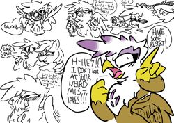 Size: 1100x779 | Tagged: artist needed, safe, gilda, rainbow dash, griffon, pegasus, pony, g4, blush lines, blushing, cup, dialogue, drink, drunk, drunk bubbles, drunk gilda, drunker dash, dweeb, female, hiccup, implied oc, lesbian, looking at you, looking offscreen, ship:gildash, shipping, talking to viewer