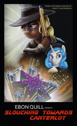 Size: 1181x1920 | Tagged: safe, artist:droakir, oc, oc only, pony, unicorn, blade runner, city, clothes, crossover, fanfic art, gun, hat, poster parody, twilight sparkle's cutie mark, weapon