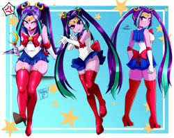 Size: 1280x1019 | Tagged: safe, artist:danmakuman, artist:nekojackun, artist:the-butch-x, aria blaze, human, equestria girls, g4, angry, boots, clothes, collaboration, eyeshadow, gloves, high heel boots, lipstick, makeup, pigtails, sailor moon, sailor moon (series), sailor uniform, shoes, socks, thigh boots, thigh highs, thighs, twintails, unamused, uniform