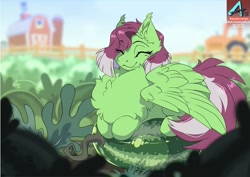 Size: 1100x777 | Tagged: safe, artist:arctic-fox, oc, oc only, oc:watermelon success, pegasus, pony, chest fluff, ear fluff, eyes closed, farm, female, field, food, freckles, fruit, lying down, mare, pegasus oc, ponyloaf, prone, smiling, solo, watermelon