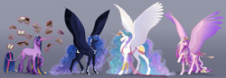 Size: 4300x1500 | Tagged: safe, artist:eljesala, princess cadance, princess celestia, princess luna, twilight sparkle, alicorn, classical unicorn, pegasus, pony, unicorn, g4, alicorn tetrarchy, alternate design, beautiful, book, bracelet, circlet, cloven hooves, colored wings, concave belly, crown, curly mane, curly tail, epic, ethereal hair, ethereal mane, ethereal tail, eyeshadow, feathered fetlocks, female, glowing, glowing horn, gradient background, gradient legs, gradient mane, gradient tail, gradient wings, height difference, helmet, high res, hoof shoes, horn, hybrid wings, impossibly large horn, jewelry, large wings, leg band, leonine tail, levitation, long horn, long legs, long mane, long tail, looking at you, magic, magic aura, majestic, makeup, mare, multicolored wings, necklace, pegasus cadance, peytral, physique difference, princess shoes, race swap, raised hoof, raised leg, regalia, sash, signature, slender, smiling, smiling at you, sparkly mane, sparkly tail, spread wings, standing, starry mane, tail, tall, telekinesis, thin, tiara, turned head, twilight sparkle (alicorn), unicorn twilight, unshorn fetlocks, wings