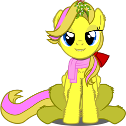 Size: 2000x2000 | Tagged: safe, alternate version, artist:thunderdasher07, derpibooru exclusive, oc, oc only, oc:mist dasher, pegasus, pony, bedroom eyes, bow, chest fluff, clothes, ear fluff, female, folded wings, hair bow, hair over one eye, high res, hoof fluff, imminent kissing, leg fluff, lip bite, looking at you, mare, mistletoe, pegasus oc, scarf, simple background, sitting, solo, tail, transparent background, two toned mane, two toned tail, vector, wings