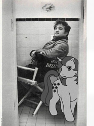 Size: 489x659 | Tagged: safe, artist:partyponypower, derpibooru exclusive, gusty, human, pony, unicorn, g1, black and white, bow, female, grayscale, irl, irl human, john belushi, looking at you, mare, monochrome, photo, ponies in real life