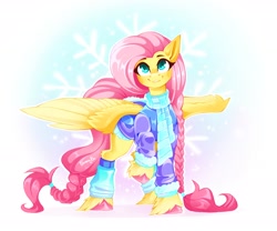Size: 3000x2500 | Tagged: safe, artist:buvanybu, fluttershy, pegasus, pony, g4, braid, braided tail, clothes, coat, colored hooves, cute, female, head tilt, high res, leg warmers, looking at you, mare, raised hoof, scarf, shyabetes, smiling, smiling at you, snow, solo, spread wings, standing, tail, unshorn fetlocks, wings, winter outfit