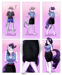 Size: 2447x2976 | Tagged: safe, artist:traupa, rarity, big cat, leopard, unicorn, anthro, plantigrade anthro, unguligrade anthro, g4, blushing, breasts, cleavage, clothes, commission, female, furry, furry to pony, high res, male to female, pencil skirt, rule 63, shirt, skirt, story in the source, transformation, transformation sequence, transgender transformation