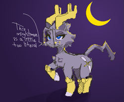 Size: 507x420 | Tagged: safe, artist:vank shush, cat, goat, pony, antlers, armor, chest fluff, crescent moon, crossover, dialogue, female, goat horns, gray coat, horns, leg armor, mare, moon, nightmare, ponified, pseudoregalia, simple background, solo, speech bubble, sybil, sybil (pseudoregalia), text, vank shush