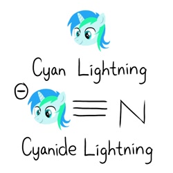 Size: 768x768 | Tagged: safe, artist:flutterthread8, oc, oc only, oc:cyan lightning, pony, unicorn, chemicals, chemistry, colt, cyanide, foal, head only, male, science, simple background, solo, text, white background