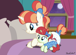Size: 1920x1400 | Tagged: safe, artist:thunderdasher07, rainberry, rainbow stars, pony, unicorn, g4, abdl, adult foal, background pony, bed, bedroom, blank flank, bow, chest fluff, cuddling, curtains, diaper, diaper fetish, diaper under clothes, duo, ear fluff, female, fetish, filly, foal, hair bow, hair bun, hoof fluff, implied bedwetting, leg fluff, lying down, mare, moon, neck fluff, night, non-baby in diaper, on bed, onesie, pillow, poofy diaper, prone, sibling love, siblings, sisterly love, sisters, smiling, snuggling, tail, tail bow, two toned mane, two toned tail, window