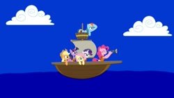 Size: 1074x606 | Tagged: safe, artist:hako33, applejack, fluttershy, pinkie pie, rainbow dash, rarity, twilight sparkle, earth pony, pegasus, pony, unicorn, g4, boat, sailing
