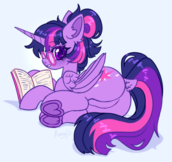 Size: 3606x3400 | Tagged: safe, artist:konejo, twilight sparkle, alicorn, pony, g4, adorkable, book, butt, cute, dock, dork, ear fluff, eyebrows, eyebrows visible through hair, featureless crotch, female, folded wings, frog (hoof), glasses, high res, hoof heart, horn, looking at you, lying down, mare, meganekko, on side, plot, solo, tail, twiabetes, twilight sparkle (alicorn), underhoof, wings