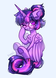 Size: 2112x2912 | Tagged: safe, artist:konejo, twilight sparkle, alicorn, pony, g4, adorkable, blue background, blushing, chest fluff, cute, dork, ear fluff, eye clipping through hair, eyebrows, eyebrows visible through hair, female, frog (hoof), glasses, high res, hoofbutt, horn, looking at you, mare, meganekko, one eye closed, partially open wings, raised hoof, round glasses, signature, simple background, sitting, smiling, smiling at you, solo, twiabetes, twilight sparkle (alicorn), underhoof, white background, wings, wink, winking at you
