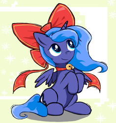 Size: 1341x1419 | Tagged: safe, artist:sallycars, princess luna, alicorn, pony, g4, bell, bell collar, bow, collar, cute, female, filly, filly luna, hair bow, horn, legitimately amazing mspaint, lunabetes, mare, ms paint, partially open wings, sitting, solo, wings, younger