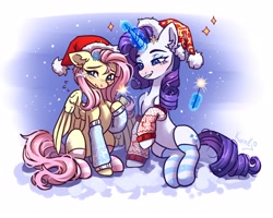 Size: 3500x2800 | Tagged: safe, artist:konejo, fluttershy, rarity, pegasus, pony, unicorn, g4, blushing, christmas, clothes, commission, cute, duo, duo female, ear fluff, eyebrows, eyeshadow, female, glowing, glowing horn, hat, high res, holiday, hoof hold, horn, leg warmers, levitation, magic, magic aura, makeup, mare, partially open wings, raised hoof, raribetes, santa hat, shyabetes, sitting, socks, striped socks, telekinesis, wings