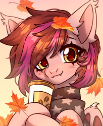 Size: 2776x3400 | Tagged: safe, artist:konejo, oc, oc only, bat pony, pony, bat pony oc, bat wings, clothes, cup, cute, ear fluff, eye clipping through hair, eyebrows, eyebrows visible through hair, falling leaves, fangs, high res, hoof hold, leaves, looking at you, ocbetes, scarf, smiling, smiling at you, solo, wings