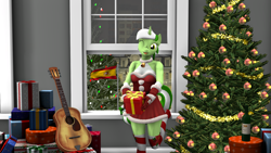 Size: 1920x1080 | Tagged: safe, artist:zgsfm, oc, oc only, oc:baetica castanets, unicorn, anthro, 3d, andalusia, bottle, breasts, christmas, christmas tree, coat markings, female, guitar, holiday, mare, musical instrument, nipples, nudity, one eye closed, present, solo, tree, wine bottle, wink