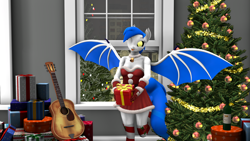 Size: 1920x1080 | Tagged: safe, alternate character, alternate version, artist:zgsfm, oc, oc only, oc:kyra, anthro, 3d, 3d model, andalusia, boop, bottle, breasts, christmas, christmas tree, coat markings, demonpony, female, guitar, holiday, mare, musical instrument, present, raised hoof, tree, wine bottle