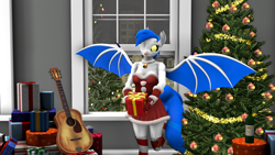 Size: 1920x1080 | Tagged: safe, alternate character, alternate version, artist:zgsfm, oc, oc only, oc:kyra, demon, demon pony, anthro, 3d, andalusia, bottle, breasts, christmas, christmas tree, coat markings, female, guitar, holiday, mare, musical instrument, one eye closed, present, solo, tree, wine bottle, wink