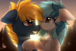 Size: 5489x3728 | Tagged: safe, artist:lunylin, oc, oc only, oc:osteen, oc:peacher, pegasus, pony, absurd resolution, boop, chest fluff, commission, duo, duo male and female, ear fluff, eye clipping through hair, eyebrows, eyebrows visible through hair, female, floppy ears, folded wings, husband and wife, male, mare, noseboop, oc x oc, peachsteen, pegasus oc, shipping, smiling, stallion, straight, tongue out, unshorn fetlocks, wings