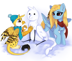 Size: 2148x1802 | Tagged: safe, artist:anku, derpibooru exclusive, oc, oc only, oc:beaky, oc:brave blossom, griffon, pegasus, pony, fanfic:yellow feathers, clothes, duo, feather, female, griffon oc, hat, male, mother and child, mother and son, pegasus oc, scarf, simple background, snow, snowgryphon, snowman, white background, winter hat