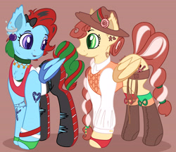 Size: 6895x5954 | Tagged: safe, artist:appleneedle, oc, oc only, oc:jingle belle jangle, oc:jingle belle rock, bat pony, pony, boots, brown background, christmas, clothes, colored, cowboy, digital art, duo, ear piercing, earring, female, flat colors, gloves, hat, holiday, jewelry, jingle bells, lasso, music, outfit, piercing, punk, rope, shoes, simple background, socks, tattoo