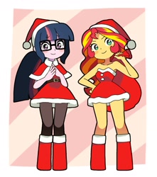 Size: 1724x1952 | Tagged: safe, artist:cheesesauce_45, sci-twi, sunset shimmer, twilight sparkle, human, equestria girls, g4, bare shoulders, blush sticker, blushing, boots, christmas, clothes, costume, cute, dress, duo, duo female, female, hands together, hat, holiday, looking at you, santa costume, santa dress, santa hat, santa sack, shimmerbetes, shoes, sleeveless, smiling, smiling at you, strapless, twiabetes
