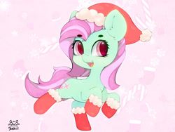 Size: 4000x3000 | Tagged: safe, artist:zokkili, minty, earth pony, pony, g3, beanbrows, christmas, clothes, ear fluff, eyebrows, eyebrows visible through hair, female, hat, high res, holiday, looking at you, mare, open mouth, open smile, santa hat, signature, smiling, smiling at you, socks, solo