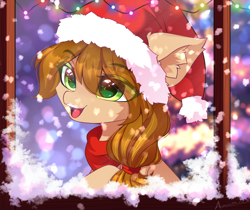 Size: 3594x3014 | Tagged: safe, alternate character, alternate version, artist:airiniblock, oc, oc only, oc:sweet bear, earth pony, pony, big ears, chest fluff, christmas, christmas lights, cute, ear fluff, eye clipping through hair, eyebrows, eyebrows visible through hair, female, hat, high res, holiday, mare, open mouth, open smile, santa hat, smiling, snow, snowfall, solo, teeth, window, winter