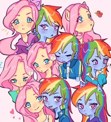 Size: 1759x1920 | Tagged: safe, artist:aoi kun, fluttershy, rainbow dash, butterfly, human, equestria girls, g4, blue skin, blushing, butterfly hairpin, clothes, cute, dashabetes, duo, eyes closed, eyes open, female, floating heart, fluttershy is not amused, hairband, hairpin, heart, hoodie, lesbian, looking at someone, looking at something, looking at you, looking down, open mouth, pony ears, ponytail, question mark, rainbow dash is not amused, ship:flutterdash, shipping, shoulders, shyabetes, smiling, sparkles, stars, tank top, unamused, yellow skin