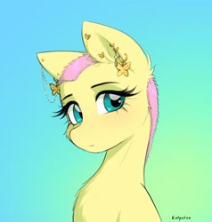 Size: 1849x1940 | Tagged: safe, artist:katputze, fluttershy, pegasus, pony, g4, alternate hairstyle, aside glance, blushing, bust, buzz cut, buzzcut, cheek fluff, chest fluff, ear piercing, earring, eyebrow piercing, female, gradient background, jewelry, looking at you, mare, piercing, short hair, short mane, signature, solo, three quarter view, very short hair