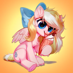 Size: 1299x1305 | Tagged: safe, artist:vensual99, oc, oc only, oc:bay breeze, pegasus, pony, bow, chest fluff, cute, daaaaaaaaaaaw, ear fluff, female, food, frog (hoof), hair bow, ice cream, licking, mare, ocbetes, pegasus oc, simple background, sitting, solo, tongue out, underhoof, weapons-grade cute, wings